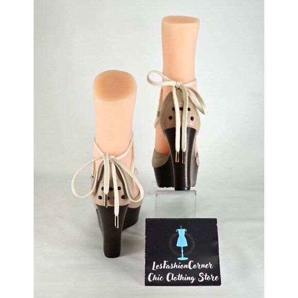 Tod’s Women's Beige Leather Cream Canvas Zeppa Lace Up Wedge Sandals Sz 7 274 - Picture 6 of 16